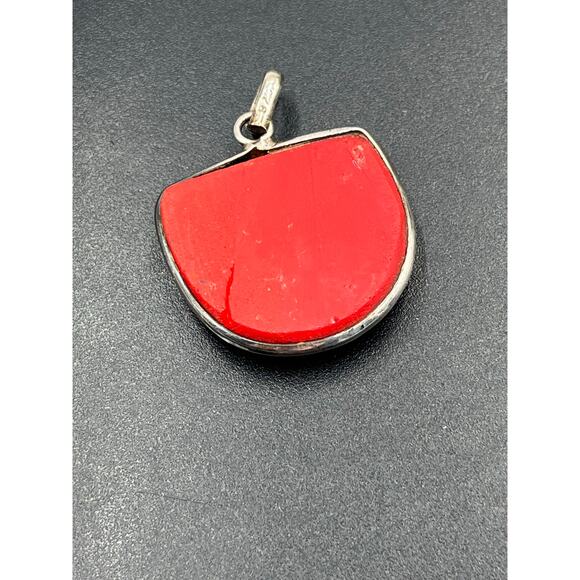 Bright Red Coral Stone and Sterling Silver 925 Pendant - Picture 2 of 7